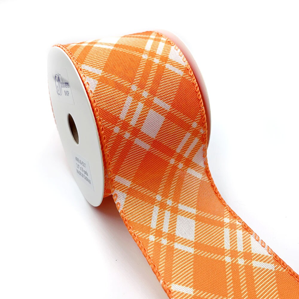 Designer's Shop WR 63-5217 2.5” x 10 yard Holiday Orange and White Plaid wired edge ribbons