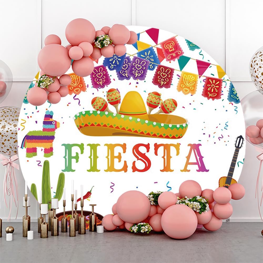 6x6ft Round Mexican Fiesta Backdrop Covers Sombrero Mexico Carnival Circle Photography Background Cinco De Mayo Mexican Theme Birthday Taco Twosday Party Decors Arch Photo Booth Props