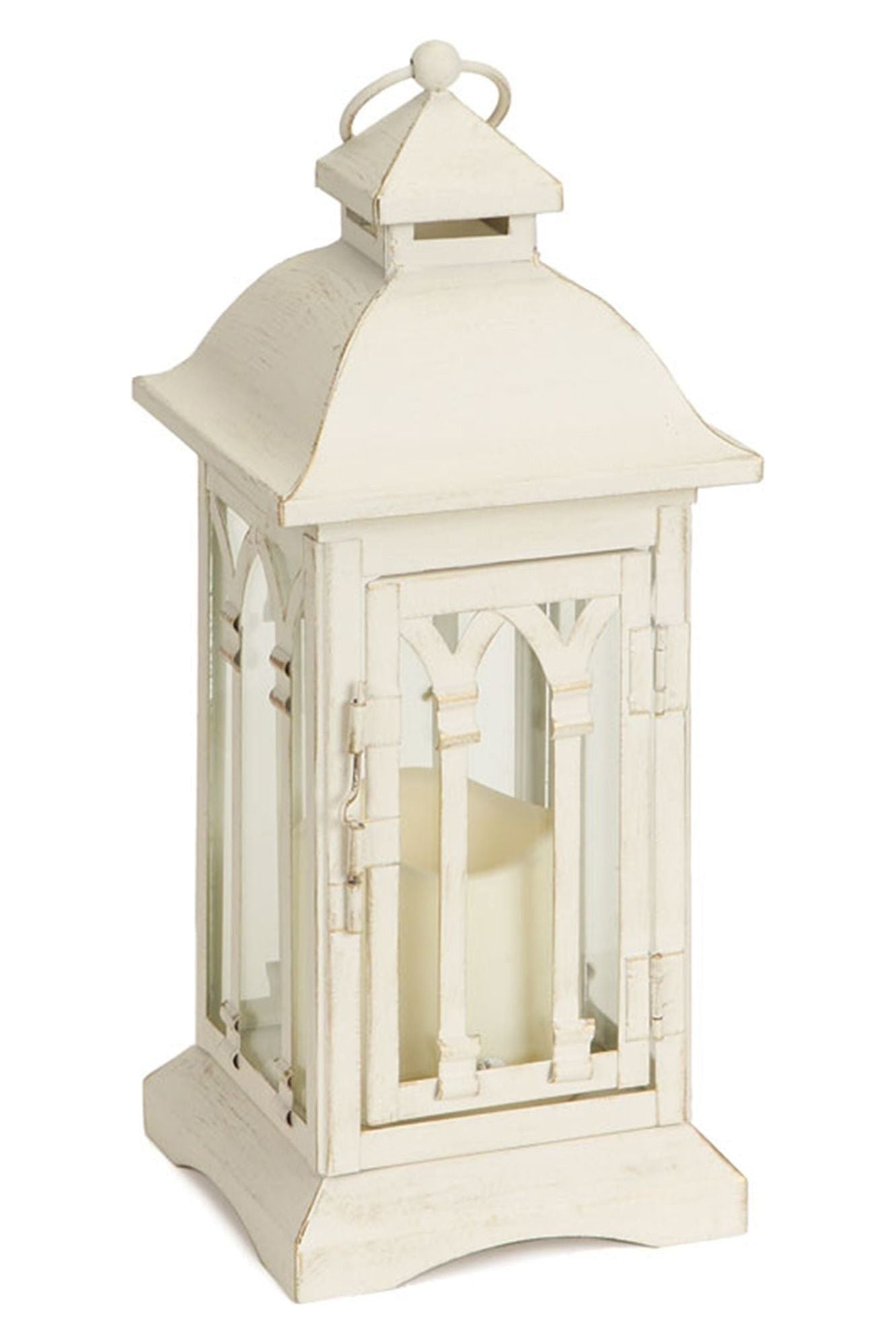 White Arch Patterned Lantern with LED Candle (Set of 2)