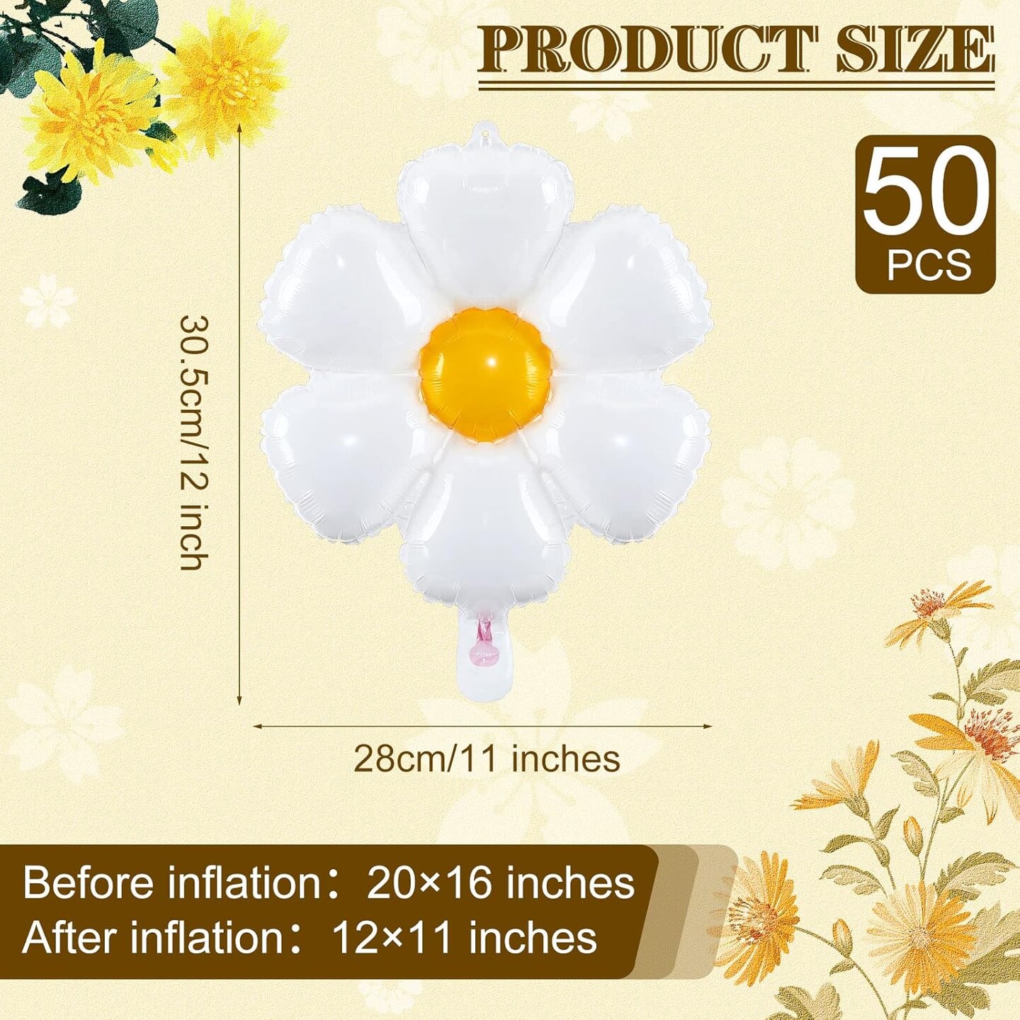 50 Pcs Daisy Flower Balloons 20x16 Inch, Flower Aluminum Foil Balloons Decorations for Party, Birthday, Wedding Decor, Groovy Boho 60s Theme Party Decor Supplies(White)
