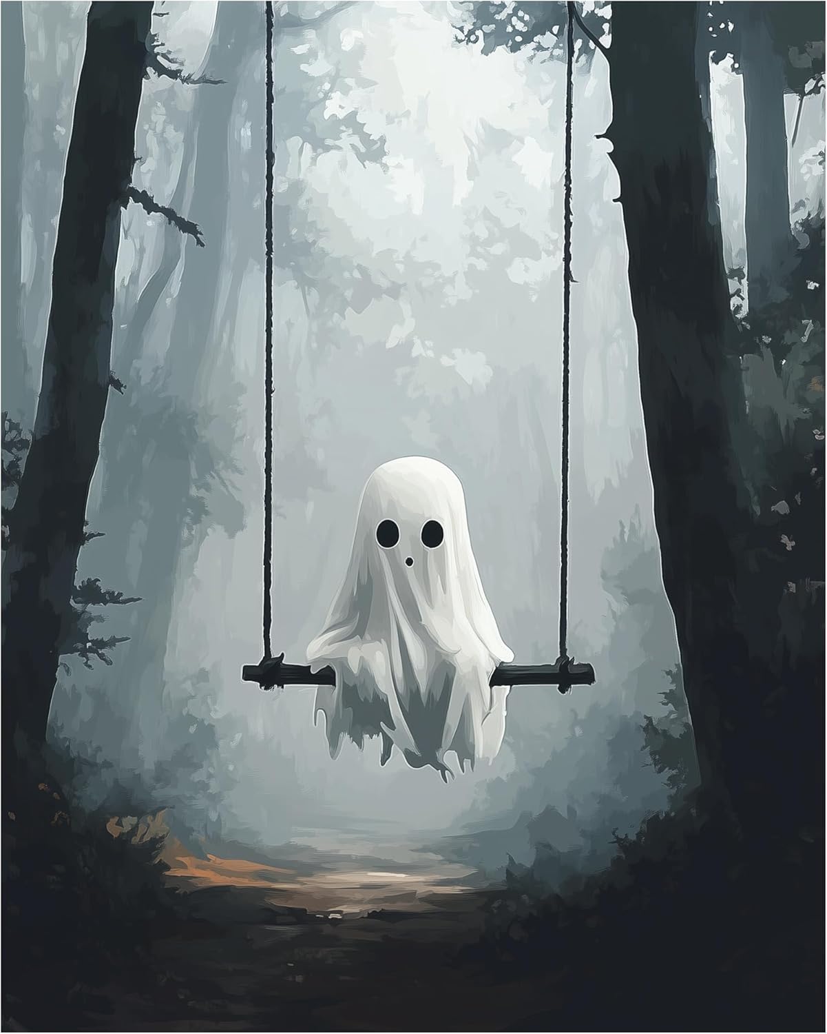 Ghost Sitting on Swing Paint by Numbers Kit for Adult, Halloween Paint by Number, Misty Forest Landscape Easy Acrylic DIY Oil Painting on Canvas for Gift Home Wall Decor(16x20inch, No Frame)