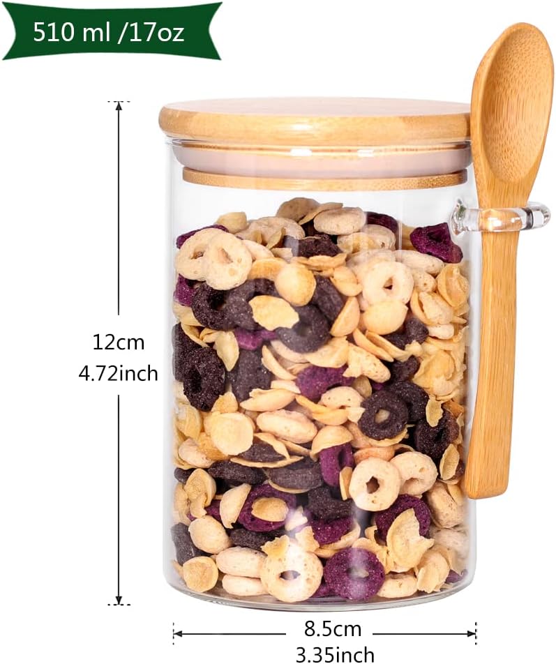 Glass Jars with Bamboo Lids and Wooden Spoons Set of 4, Coffee Tea Sugar Container Set for Loose Tea Canister Storage, Overnight Oats Containers with Scoop for Seasoning, Coffee, Yogurt
