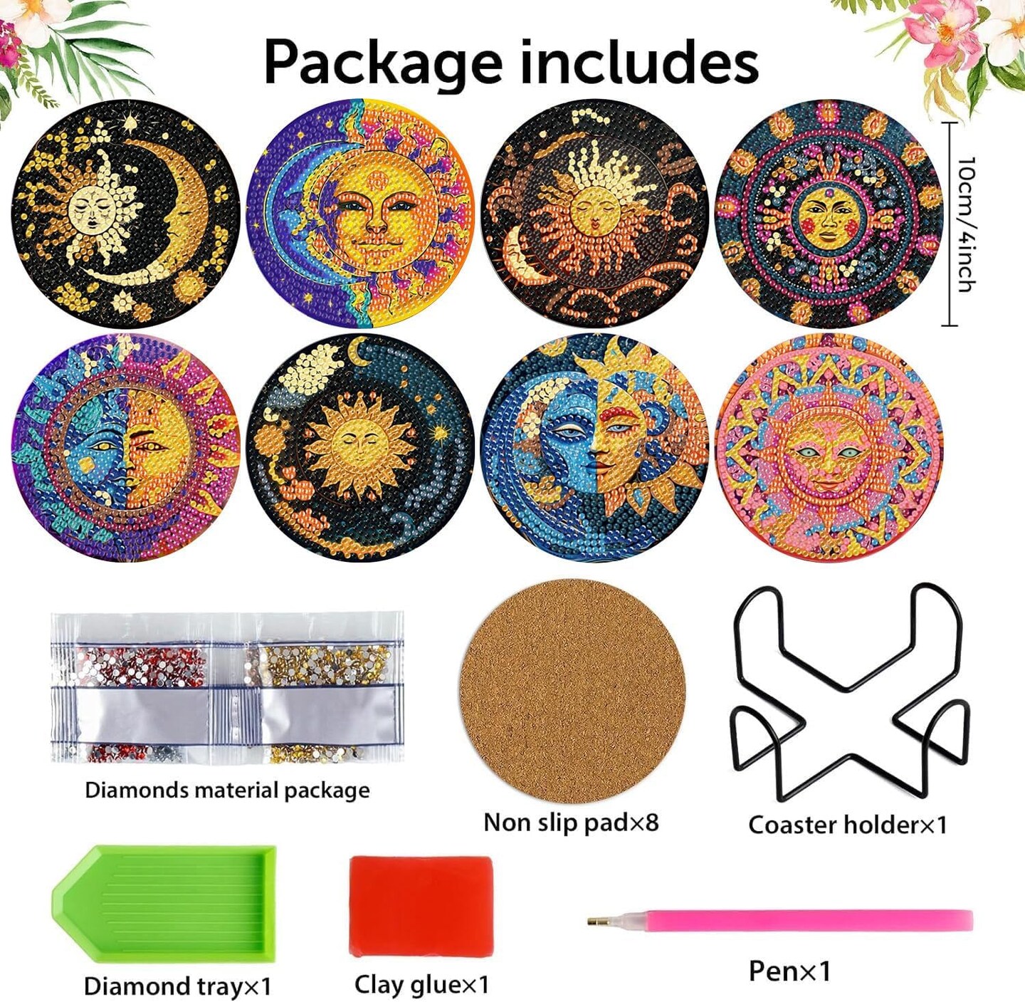 8 Pcs Diamond Art Coasters Kit for Adults - Sun and Moon Painting Set With Holder Cork Pads - DIY Dots Painting Crafts for Beginners