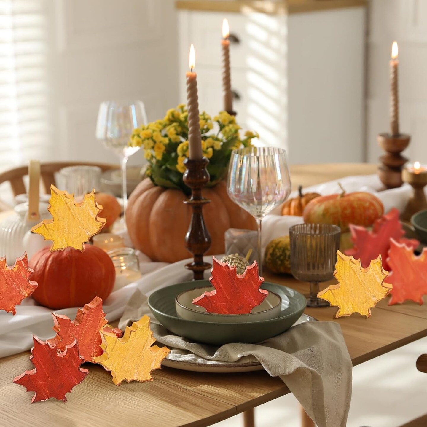 12PCS Fall Thanksgiving Wooden Maple Leaf Table Decor – Rustic Autumn Harvest Tabletop Centerpieces for Tiered Tray, Shelf, Mantel & Farmhouse Thanksgiving Decorations