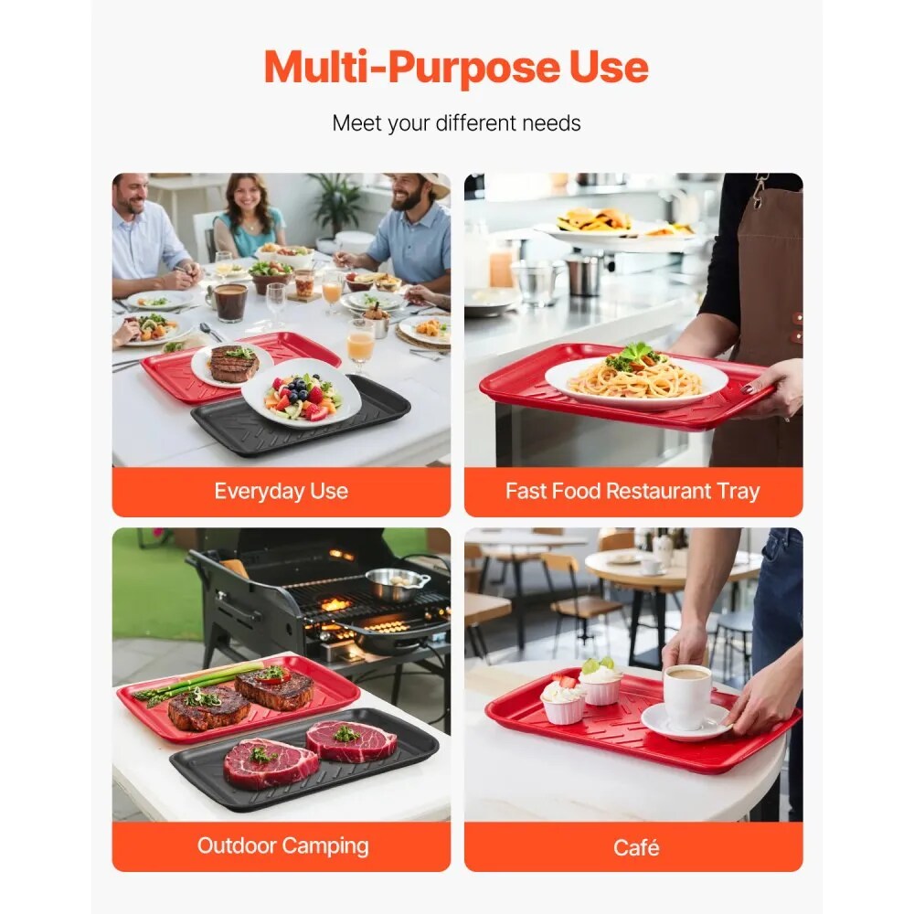Black and Red Melamine 2-Piece Serving Tray Set with Non-Slip Stripes and Stackable Design