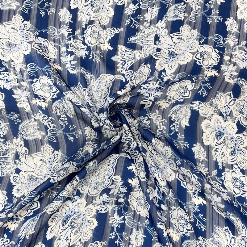Blue-White Poly Floral Printed Satin Stripe Chiffon Woven Fabric By the Yard