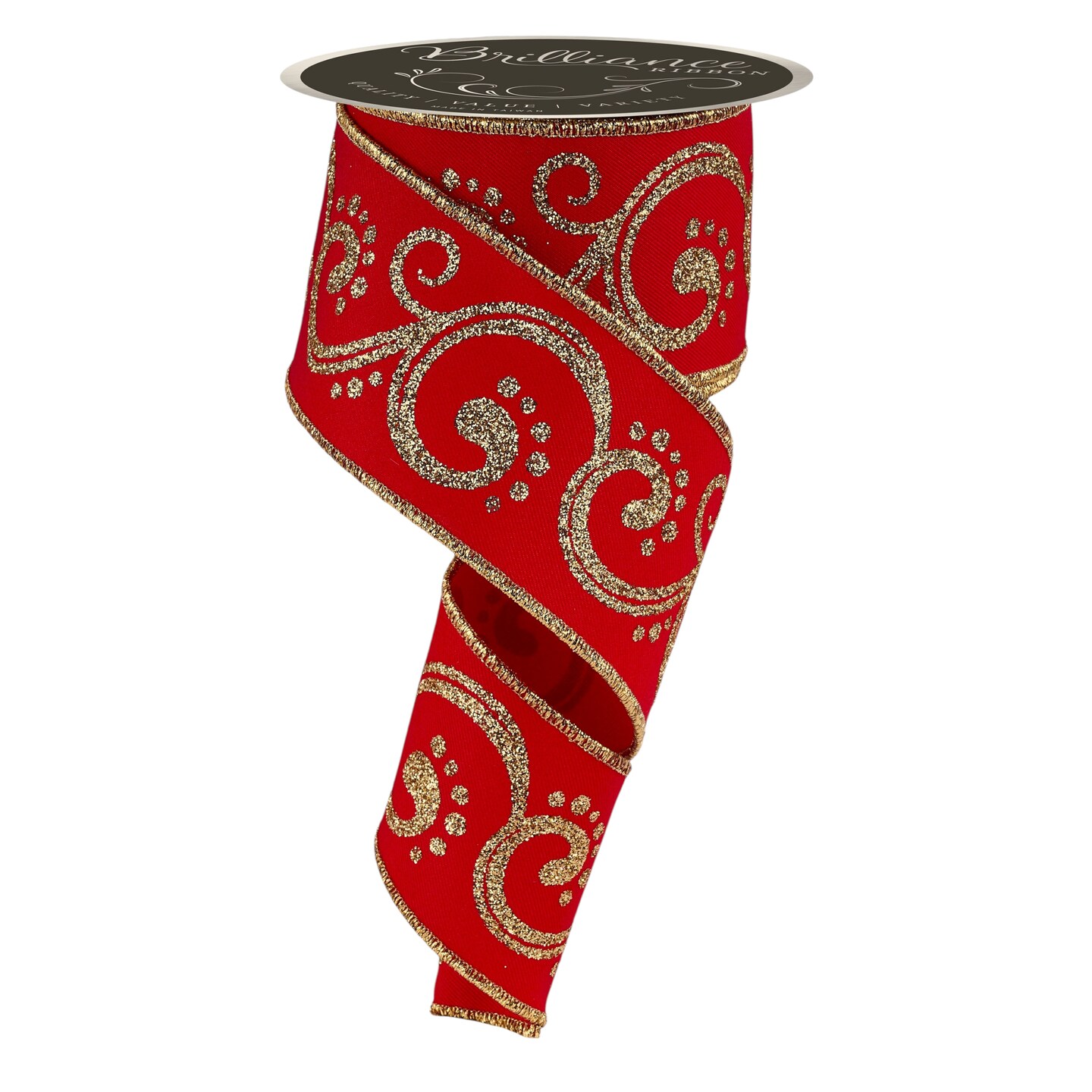 Brilliance 2.5" Red and Gold Filigree Glitter Swirl Wired Ribbon, 10 Yards for Christmas Bows, Wreaths, Gift Wrap, Crafts and Decorations