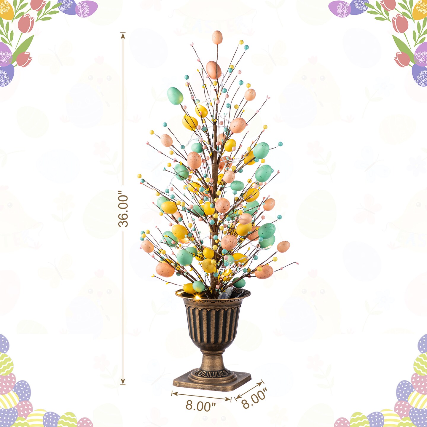 Set of 2 36"H Easter Egg & Berries Urn Porch Tree, 20 Warm White Lights with timer
