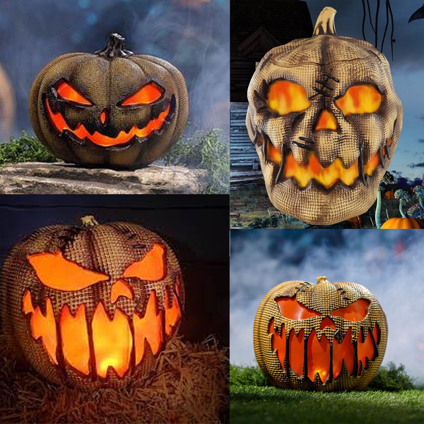 Realistic Flaming Burlap Pumpkin Halloween Ornament 10 Inches