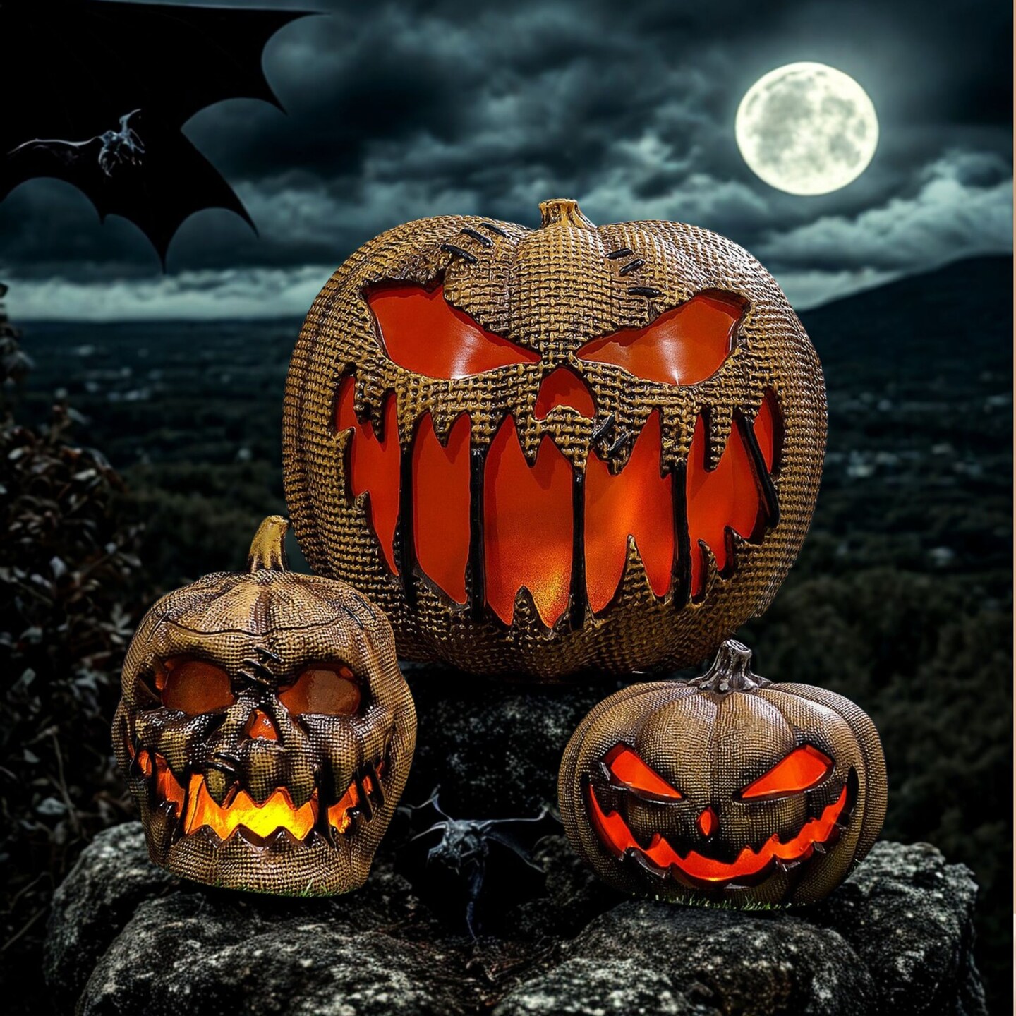 Flickering LED Burlap Pumpkin Animated Halloween Decoration 10 Inches
