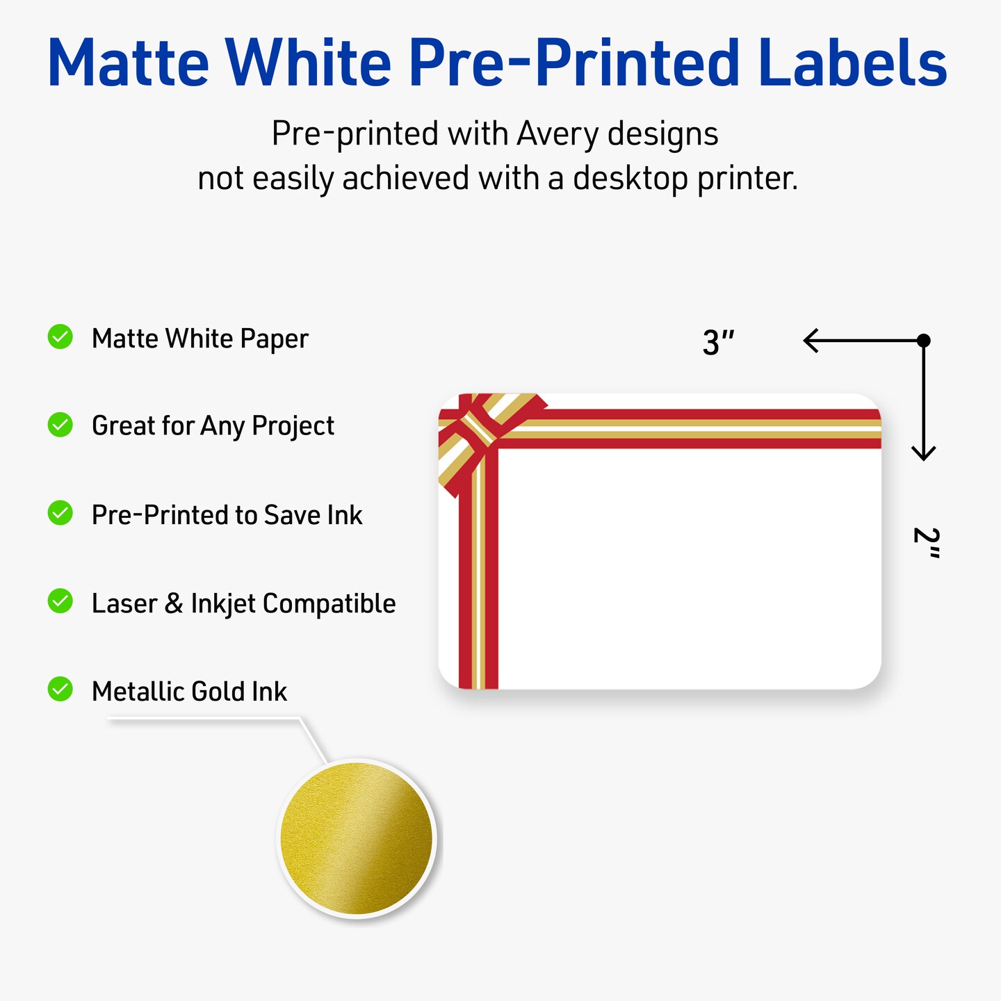 Avery Printable Labels with Sure Feed Technology, Rectangle, 2" x 3", Pre-Printed Red & Metallic Gold Gift Bow Design, Matte White, Laser & Inkjet Compatible, 80 Total