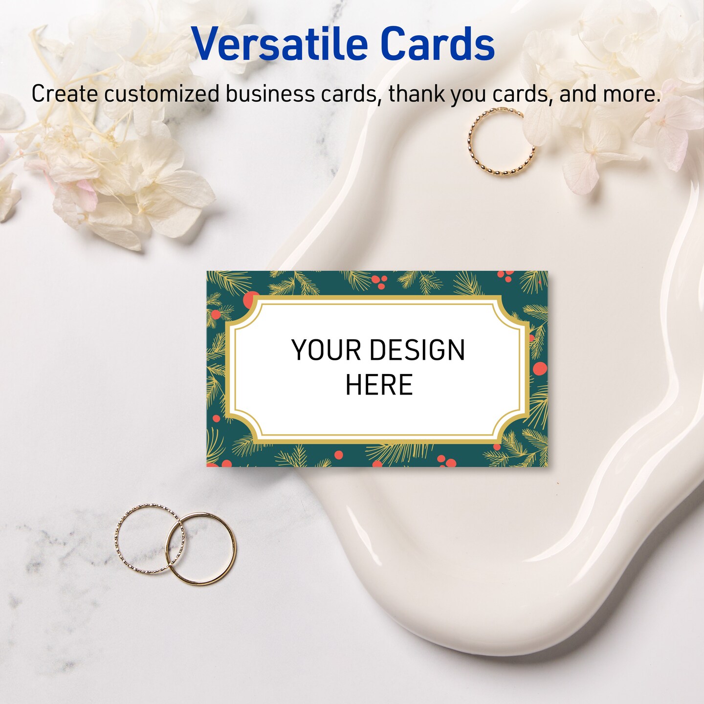 Avery Printable Rectangle Business Cards, 2" x 3.5", Matte White, Pre-printed Teal & Metallic Gold Frame Design, Sure Feed Technology, Laser & Inkjet Compatible, 160 Total