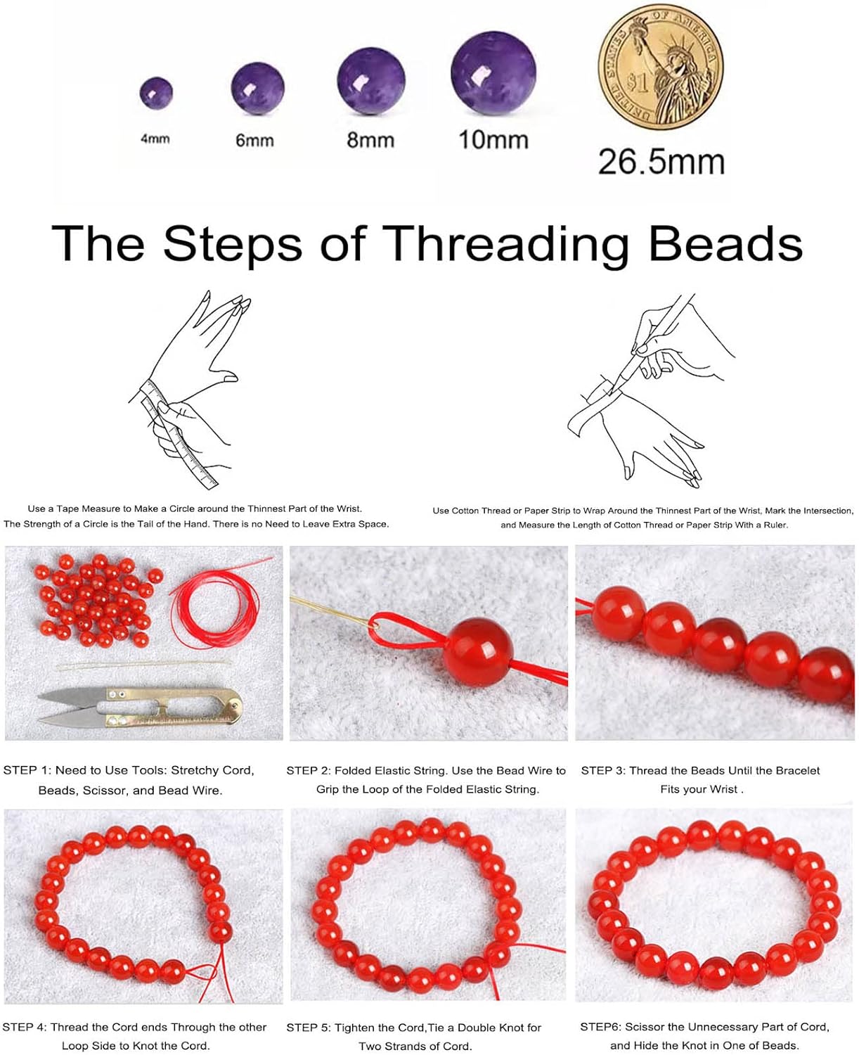 10MM Natural Stone Beads Round Loose Beads Gemstone for Jewelry Making with Crystal Stretch Cord