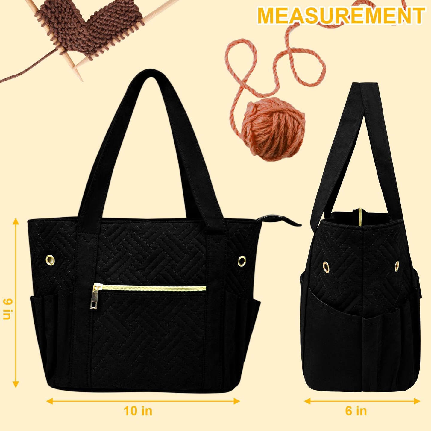 Crochet Bag Organizer for Yarn Storage, Velvet Knitting Tote Bag with Double Handle for Crochet Accessories, Portable Travel Case for Yarn Balls, Crochet Hooks&#x26; Knitting Needles Holder (Black)