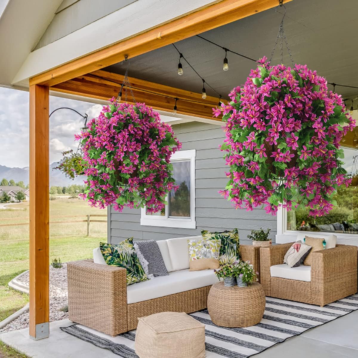 Artificial Hanging Flowers in Basket for Summer Outdoor Porch Decoration,UV Resistant Fake Silk Violet in Planter Realistic for Outside Home Patio Balcony Garden Yard Decor