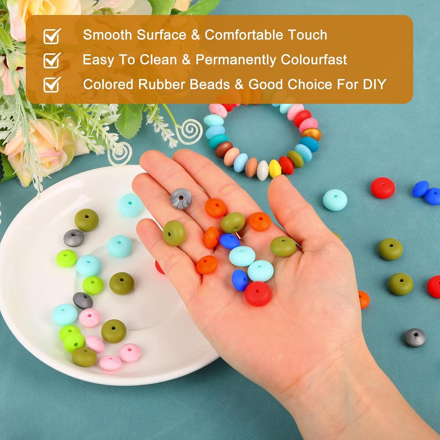 50Pcs 12mm Silicone Lentil Beads, Rubber Abacus Focal Bead Loose Bulk Beads for DIY Keychain Pens Bracelets