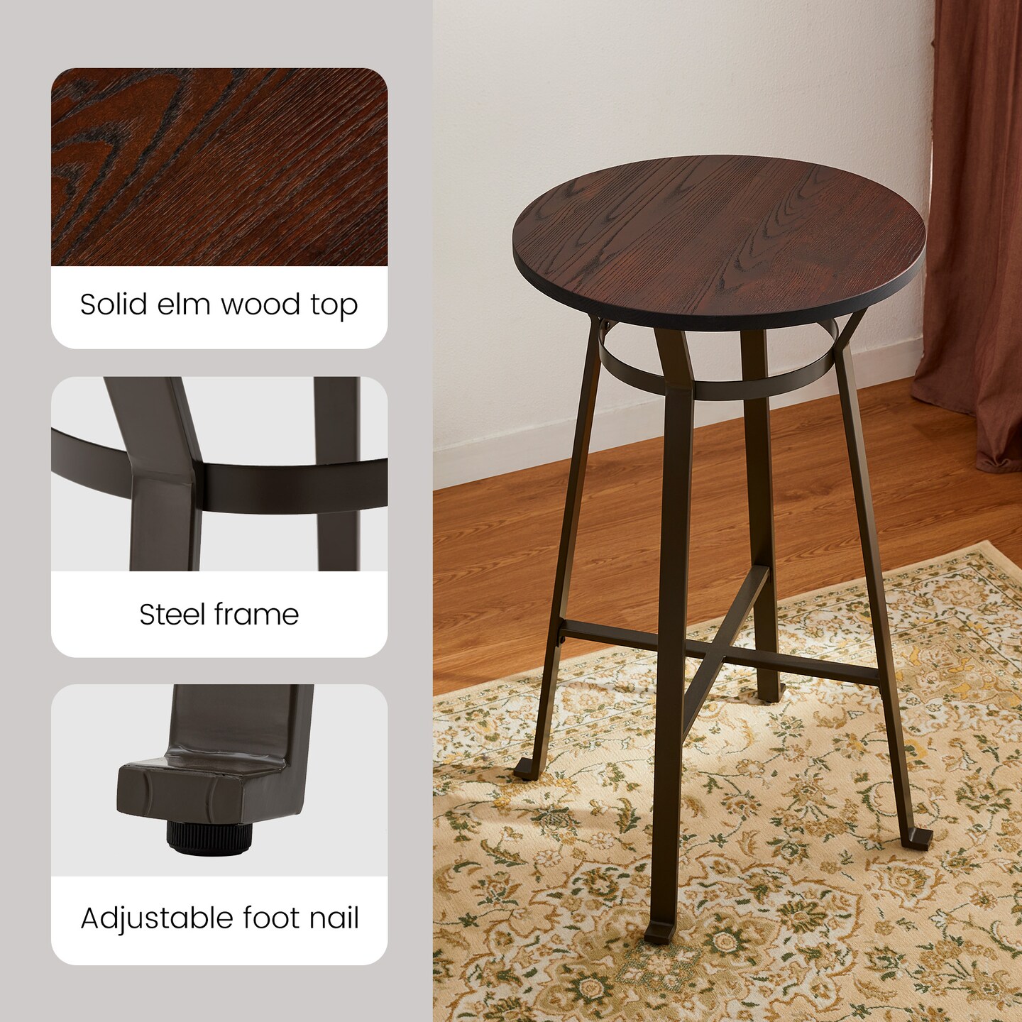 42.50&#x22;H Steel Bar Table With Elm Wood Top