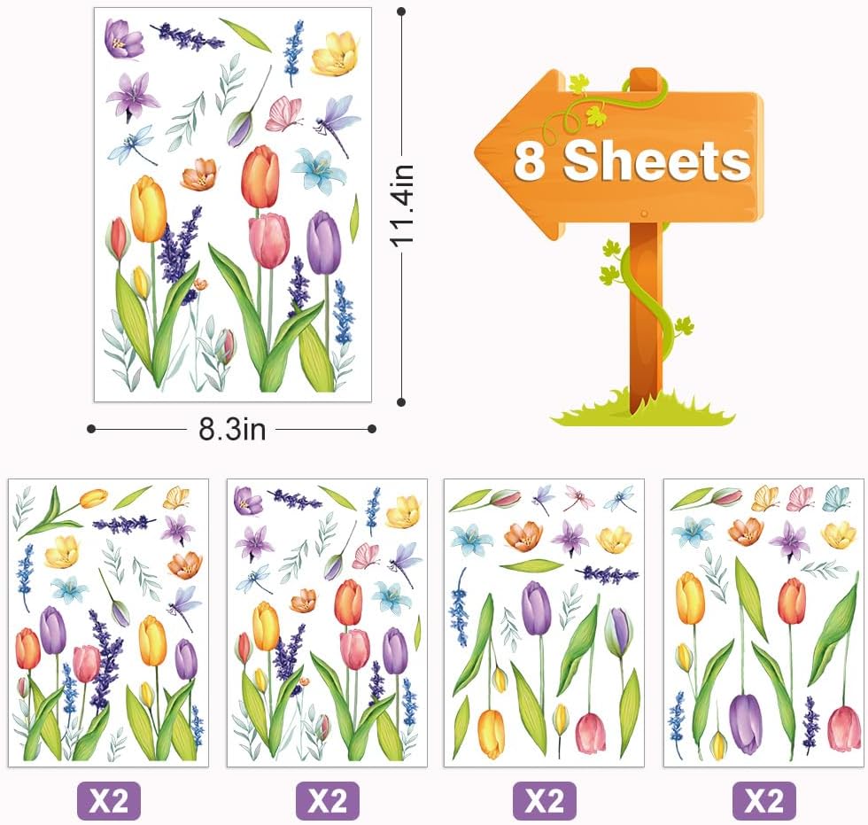 Spring Window Clings, Colorful Flower Static Window Stickers for Spring Decor, Spring Decorations for Home