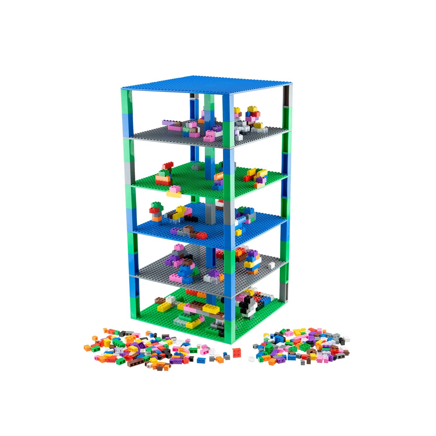 Strictly Briks Classic Stackable Baseplates, Building Bricks For Towers, 100% Compatible with All Major Brands, 6 10&#x201D;x10&#x201D; Base Plates in Blue, Gray, and Green, 504 Bricks in 12 Colors &#x26; 30 Stackers