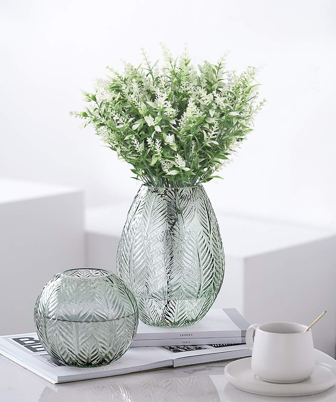 Artificial Plants Lavender, 8 Bundles Outdoor UV Resistant Greenery Fake Shrubs Simulation Plants Indoor Outside Hanging Planter Home Garden Decor (White)