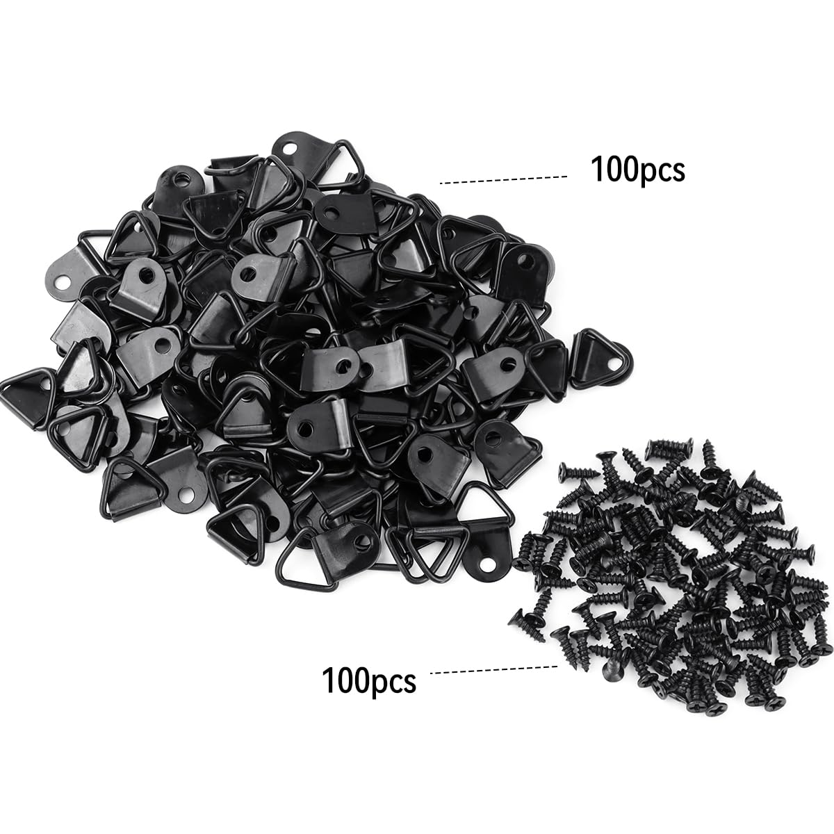 100 Pack Steel Picture Hangers with 100pcs 8mm Screws, Small Triangle Ring, Light Duty D Rings for Clock, Decoration, Mirror, Paintings, Artwork Picture Frame (Black)