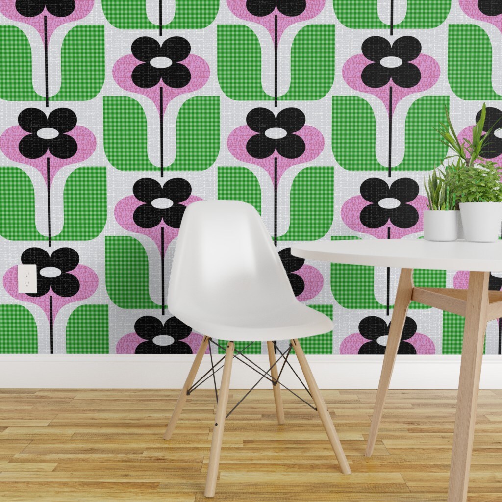 Non-Pasted Wallpaper 2FT Wide Preppy Floral Pink Green Scandi Botanical Colorful Mid Century Modern Mod Traditional Wallpaper by Spoonflower