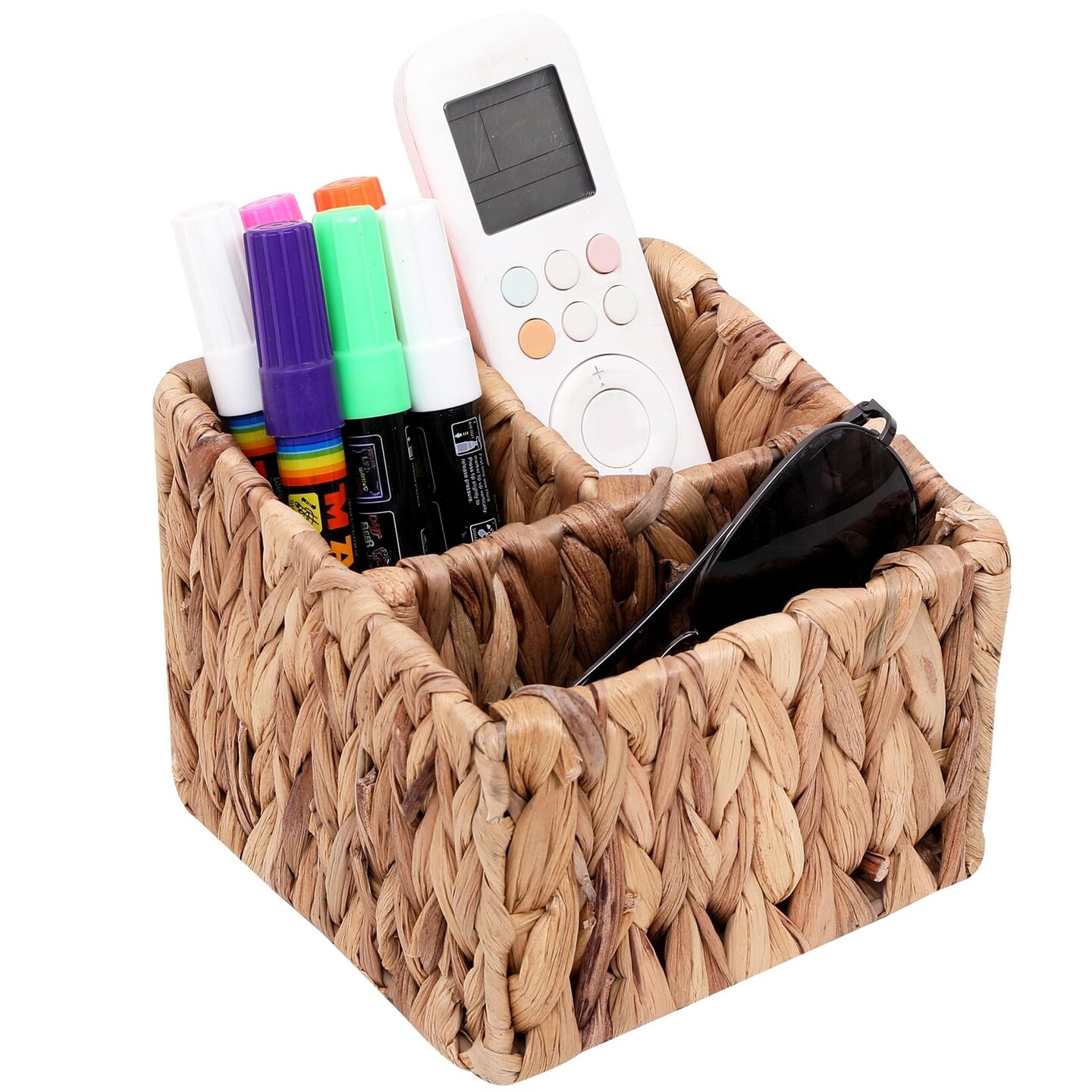 Remote Control Holder Wicker Desk Organizer Divided Storage Basket,Hand Woven Cosmetic Storage Box with 3 Compartments,Water Hyacinth Remote Control Basket for Desktop Organizing