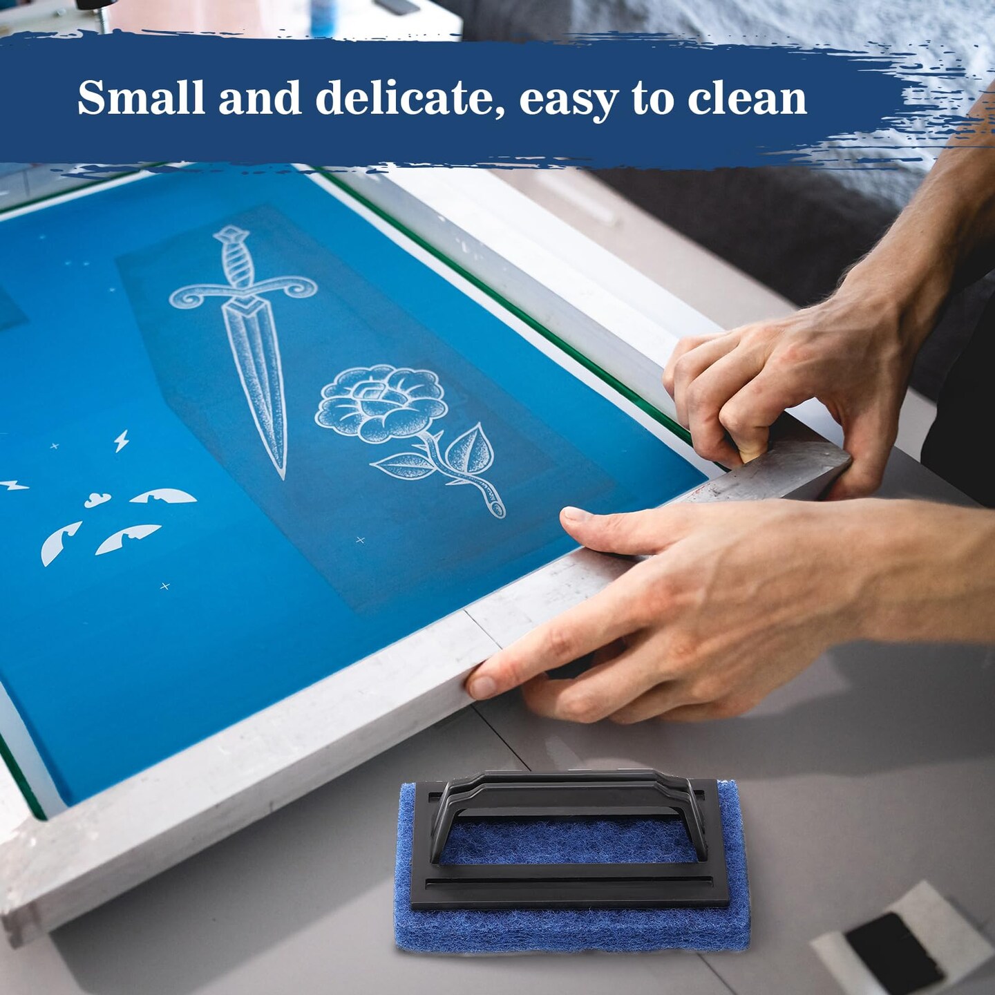 3 Pack Screen Printing Scrub Pad, Blue Scrub Cleaner Brush with Handle, Silkscreen Ink Remover for Reclaiming Mesh Frames