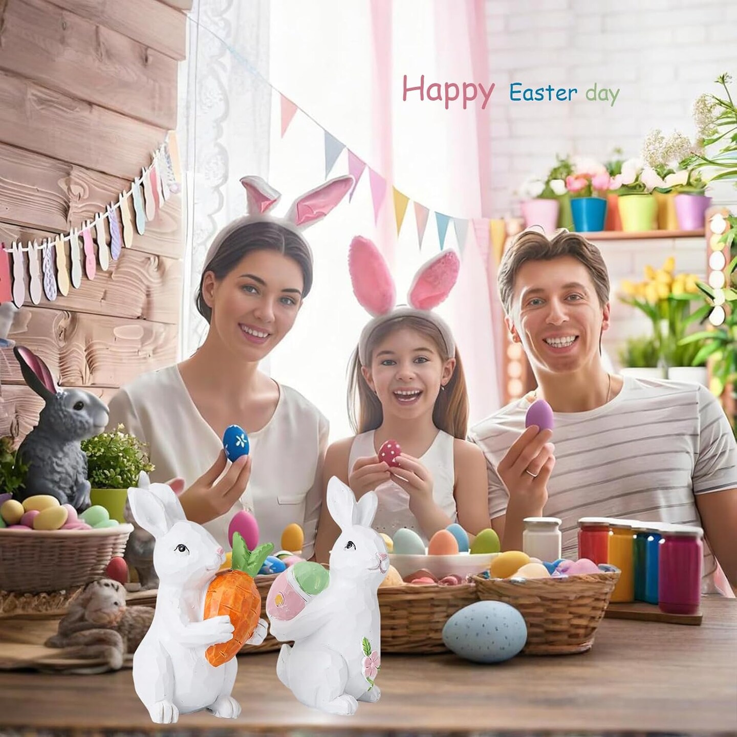 Easter Bunny Decorations - Easter Bunny Decor - Easter Spring Bunnies Figurines with Egg and Carrot - Tabletop Ornaments for Home Farmhouse Gifts - 4 ince 2pc