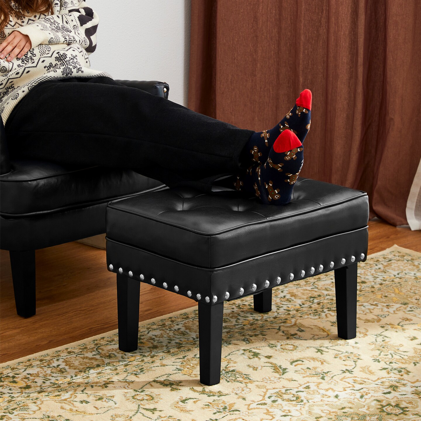 22&#x22;W Mid-century PU Leather Tufted Ottoman Foot Stool