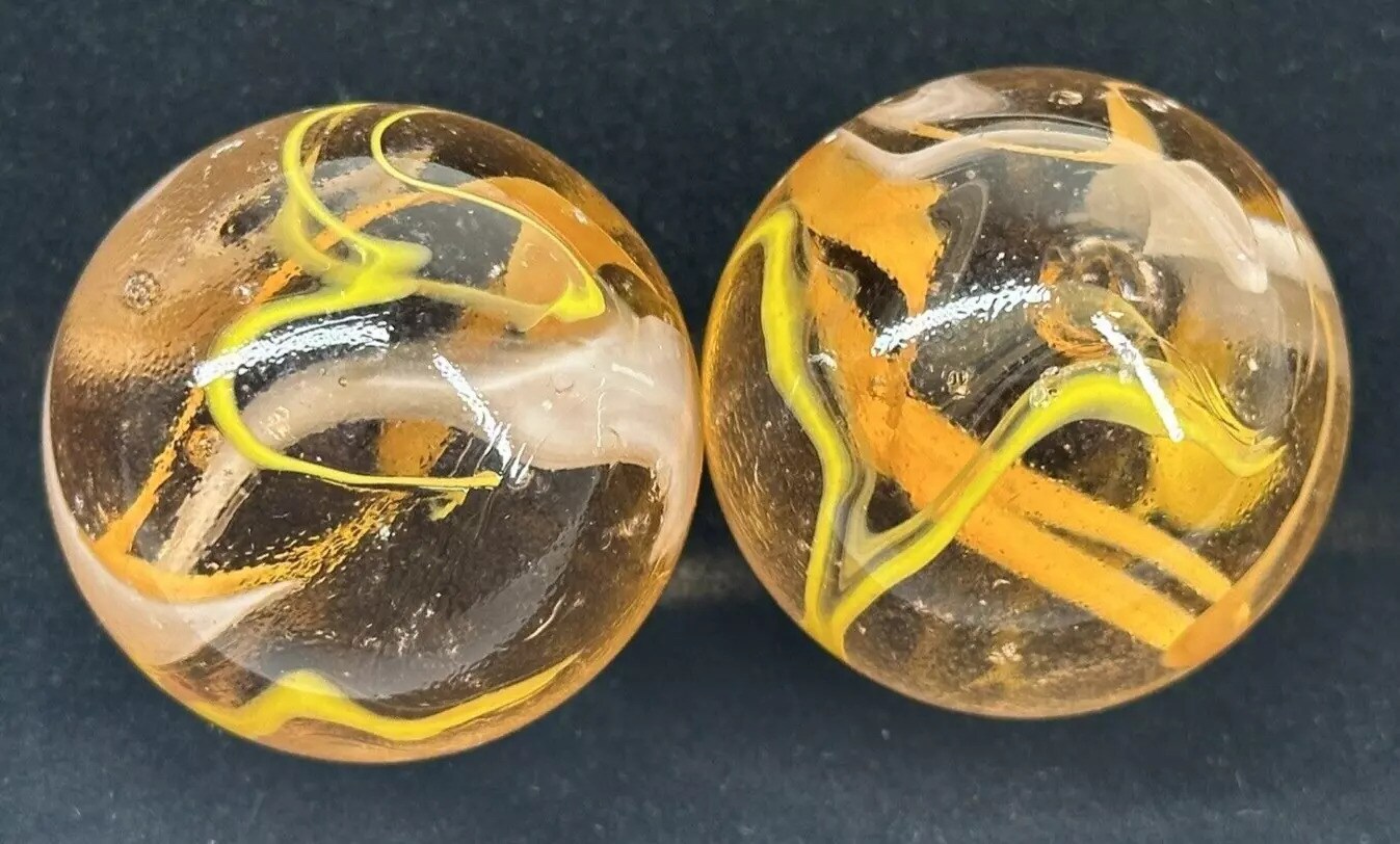 FIrefly 35mm Marbles~set of 2 Boulders glass Clear Orange/yellow/White