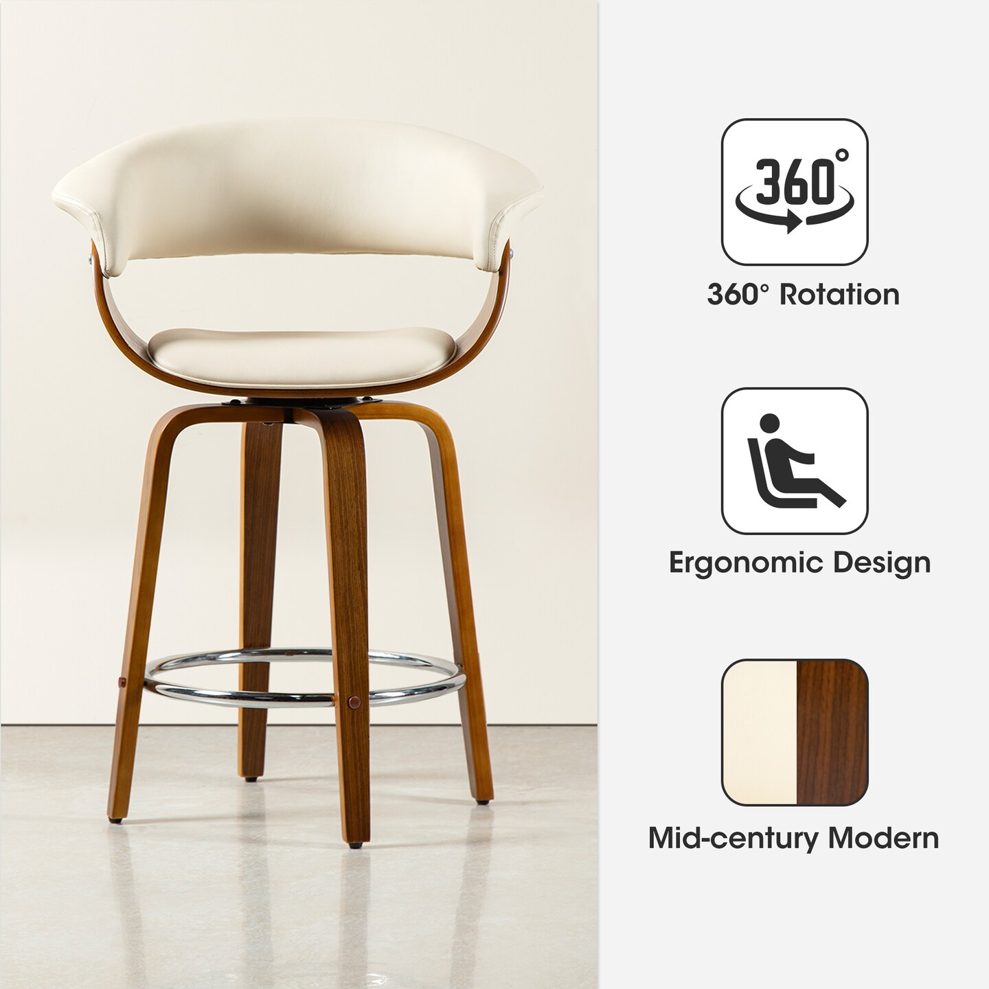 Set of 2/4 Mid-century Modern Leatherette Swivel Bar Stools/Counter Stools with Walnut Bentwood Frame