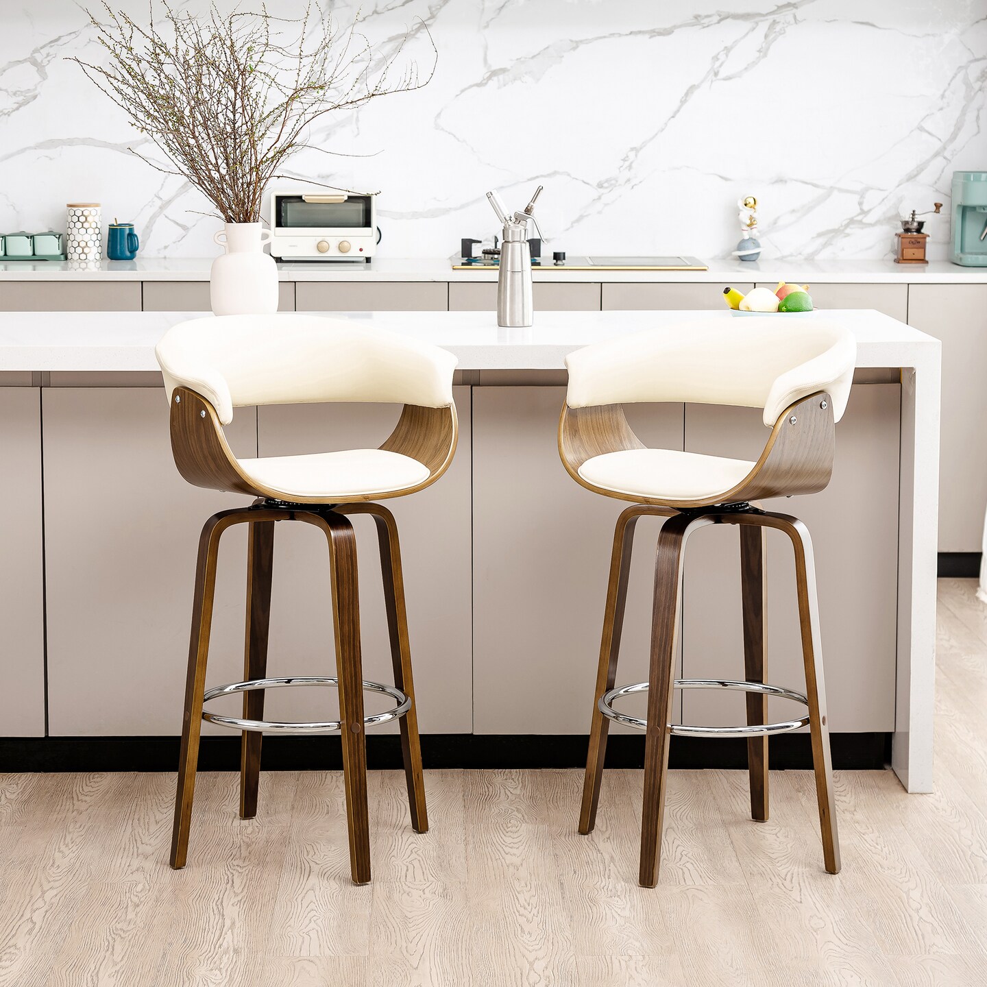 Set of 2/4 Mid-century Modern Leatherette Swivel Bar Stools/Counter Stools with Walnut Bentwood Frame
