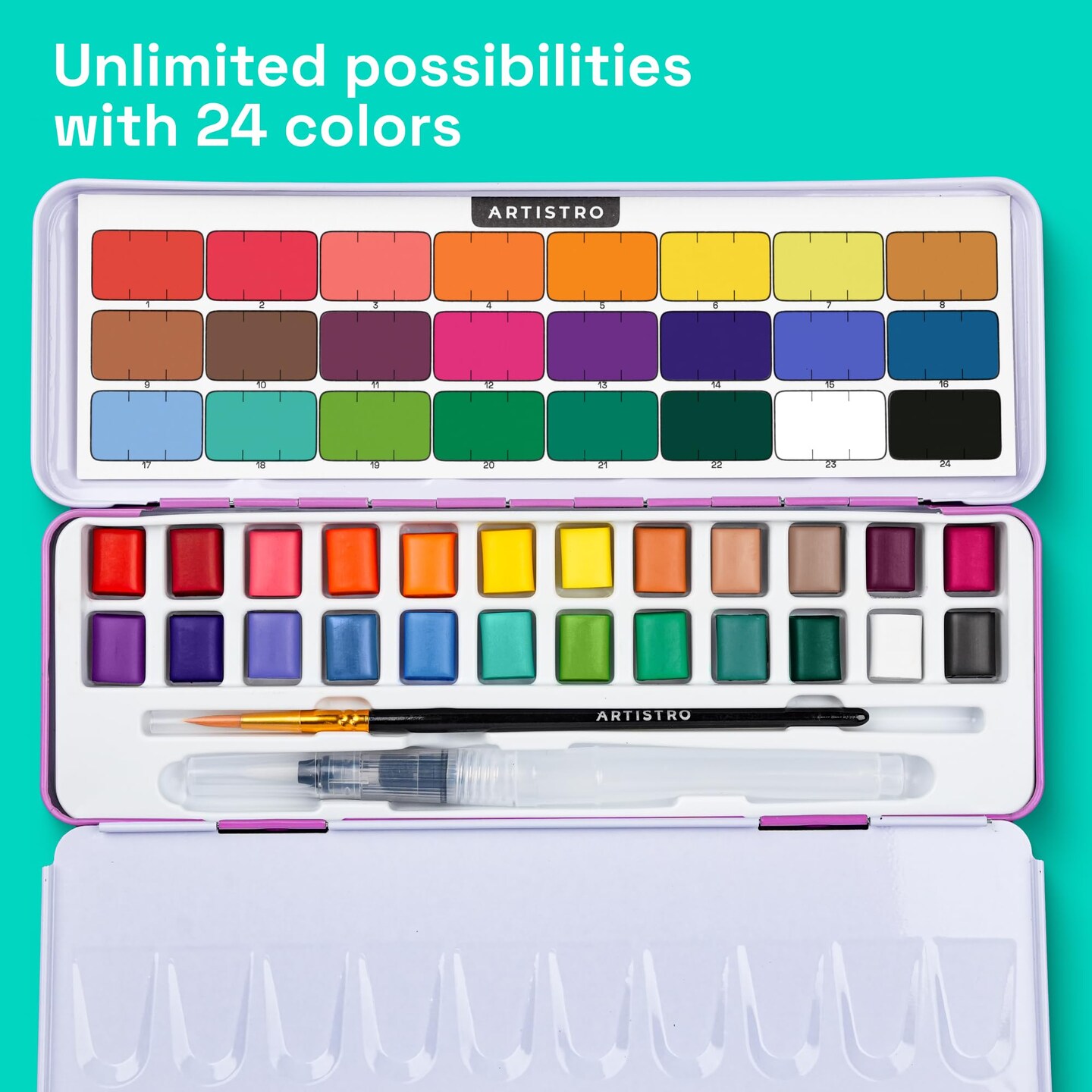 ARTISTRO Watercolor Paint Set 24 Colors, Travel Watercolor Set in Portable Box, Water Color Paint Sets for Kids, Mini Water Colors Paint Adult Set for Artists, Beginners, Amateur Hobbyists