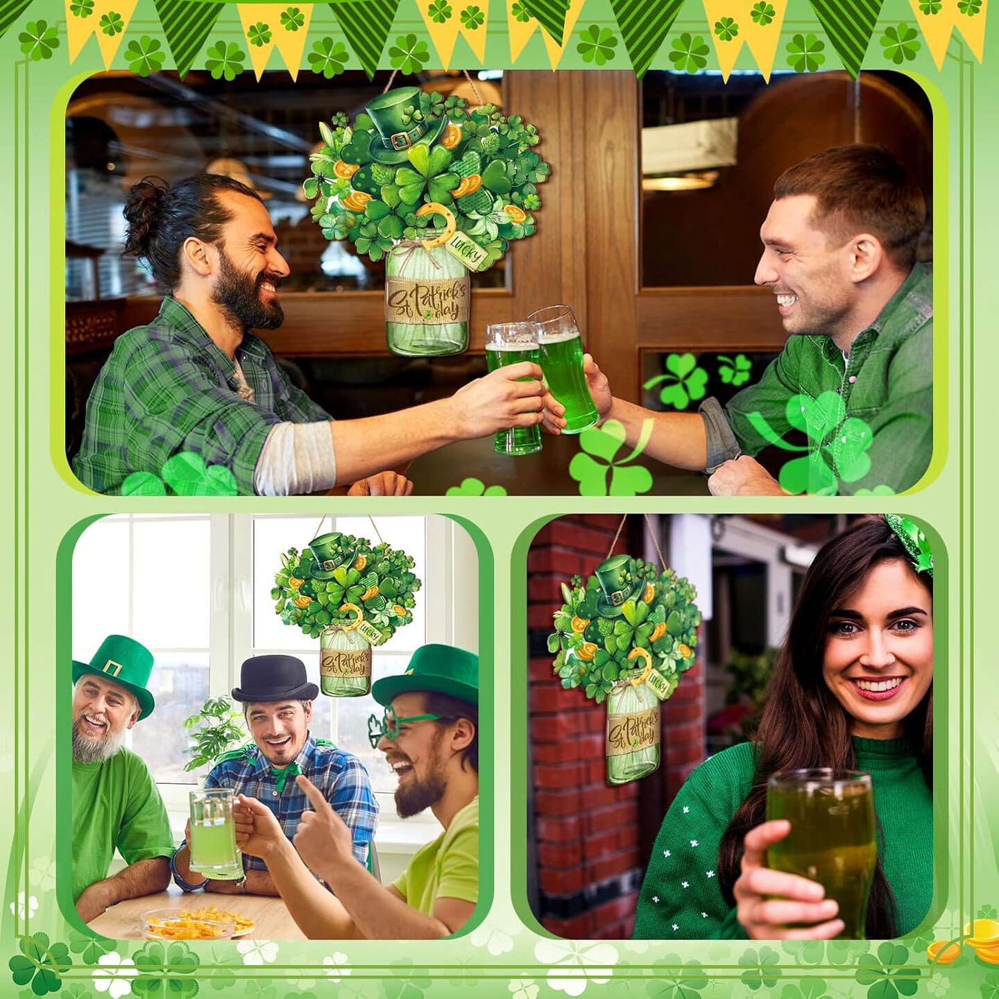 St. Patrick's Day Welcome Sign Wooden Hanging Decor Farmhouse Rustic Door Decoration St. Patrick's Day Wreath Sign with Bow Ornament for Holiday Irish Home Indoor Outdoor Farmhouse Window