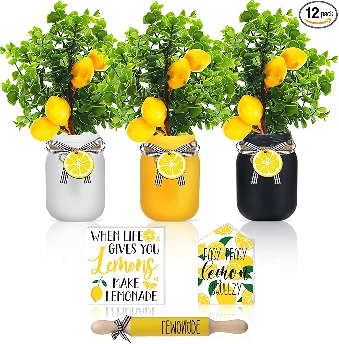 12-Piece Lemon Mason Jar Decor Set – Summer Farmhouse Table & Tiered Tray Centerpieces