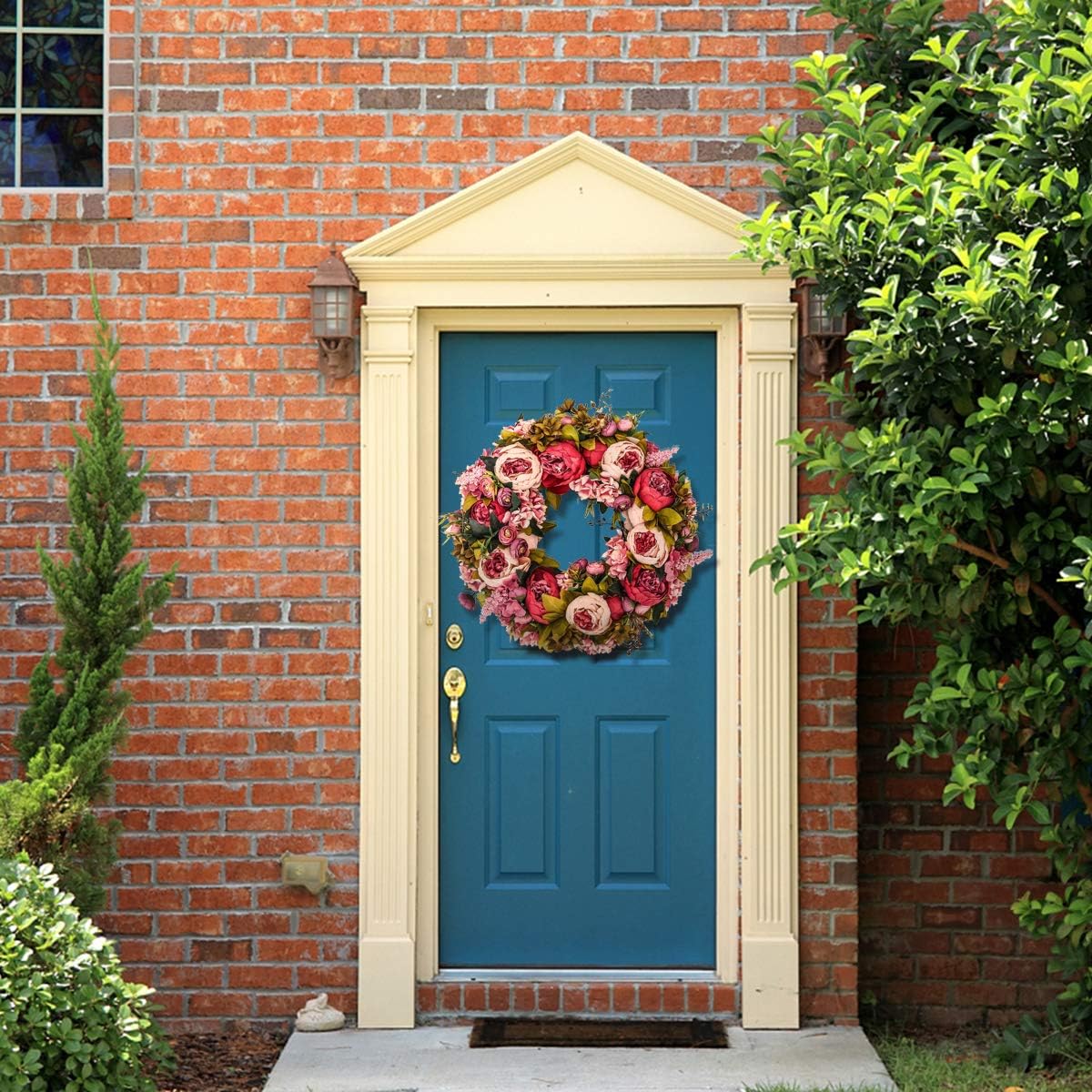 Artificial Peony Flower Wreath 19Inch Vintage Blooming Silk Peonies Spring