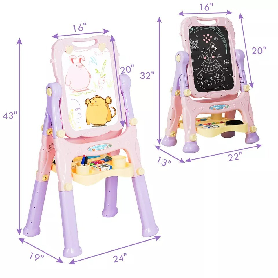 Kids Easel Double Sided Art Easel Painting Play 2 Adjustable Height Purple