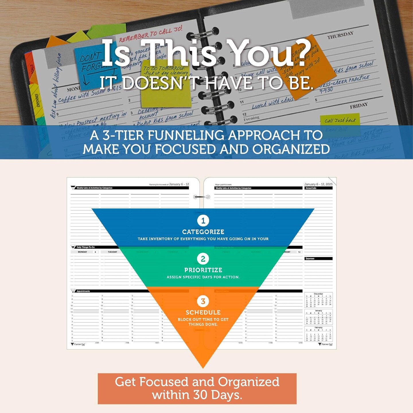 Planner Pad 7 Hole Loose Leaf January-December 2025/ Calendar Year 8 1/2" x 11" Large 3-Tier Funnel Down 12 Month Organizer, Black Ink