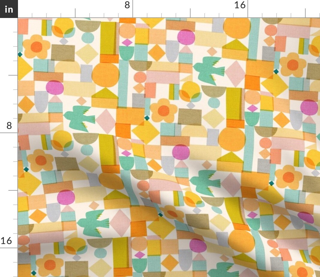 Colorful Geometric Modern Shapes Mid Century Mod Warm Tones Mustard Gold Pink Orange Scandi Birds Custom Printed Fabric by Spoonflower Various Fabrics by the Yard or Fat Quarter