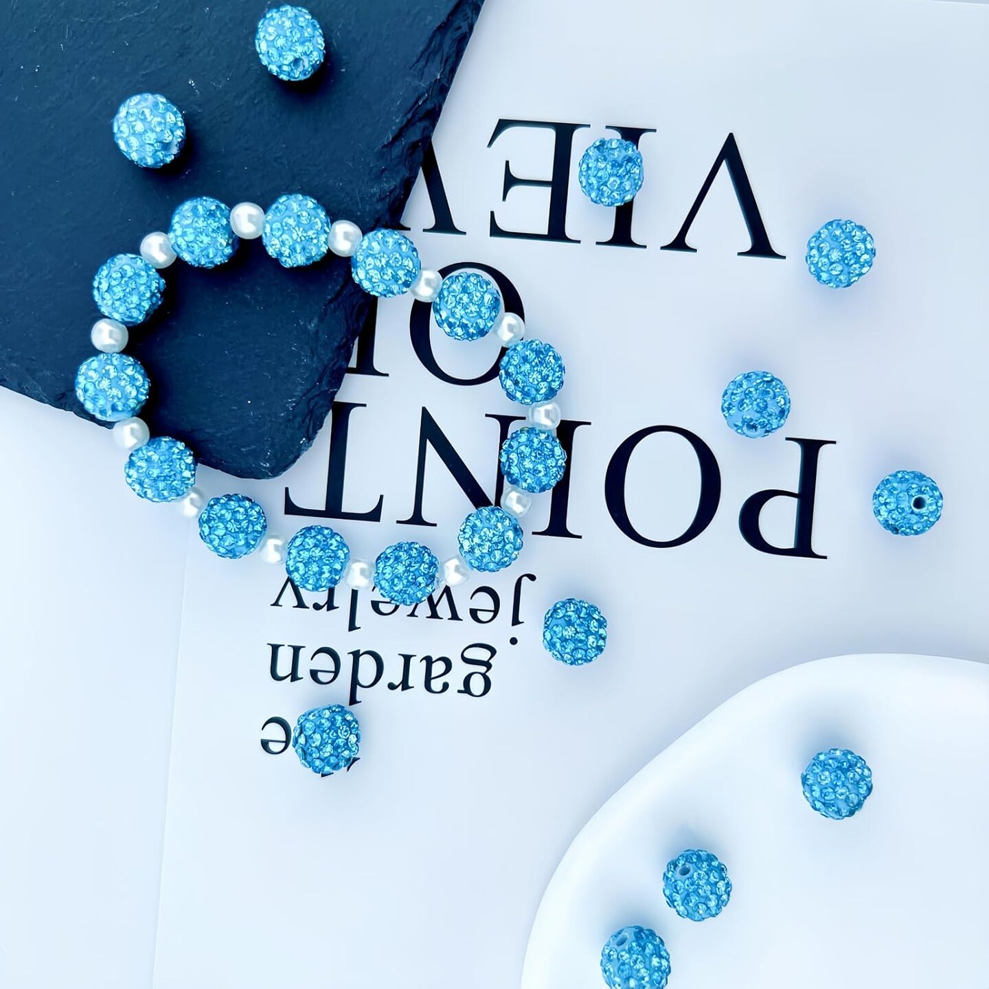 10mm Clay Rhinestone Beads for Bracelets, 100 Pcs Sparkle Crystal Beads for Jewelry Making, Glitter Round Shamballa Disco Ball Design for DIY Crafts Necklace Earrings Decoration (Aquamarine)