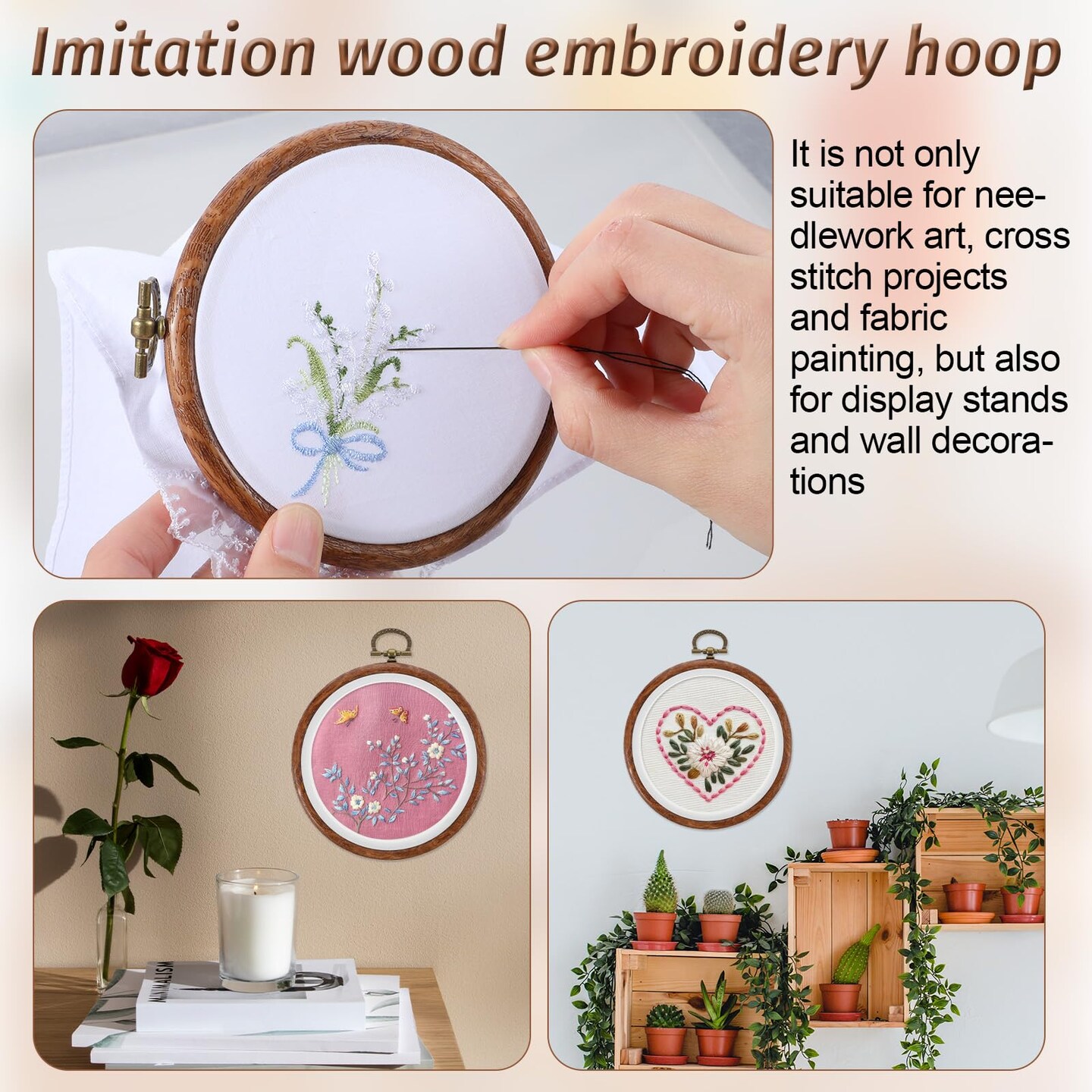 3 Pieces 3 Inch Embroidery Hoop Set, Cross Stitch Ornament Frames, Embroidery Hoop Imitated Wood Display Frame for Art Craft Sewing and Hanging Decor