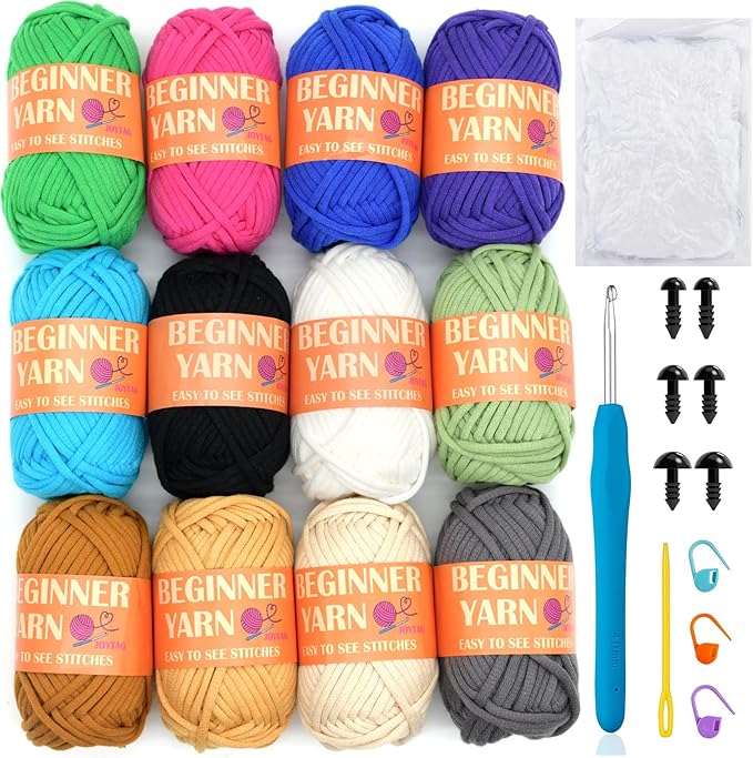 Beginners Crochet Yarn 12-Pack – Coffee, Brown, Beige & Grey Cotton, Easy Crochet & Knitting Kit (12x25g)