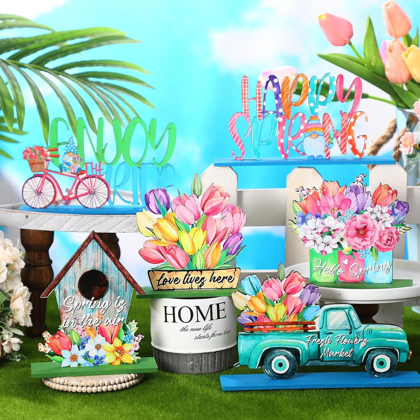 Spring Table Decorations, 6 Pcs Wooden Flower Signs, Rustic Freestanding Tabletop for Party Restaurant Decor (Spring, 4.72 inches / 12 cm)