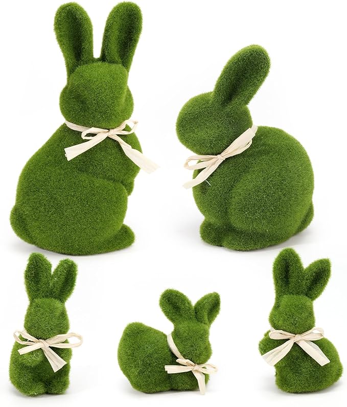 10/5 Inches Moss Bunny Easter Home Decor,Set of 5 Green Faux Moss Parents n Baby Easter Bunny Decor for Easter Decorations,Cute Bunny Figurines as Spring Decor