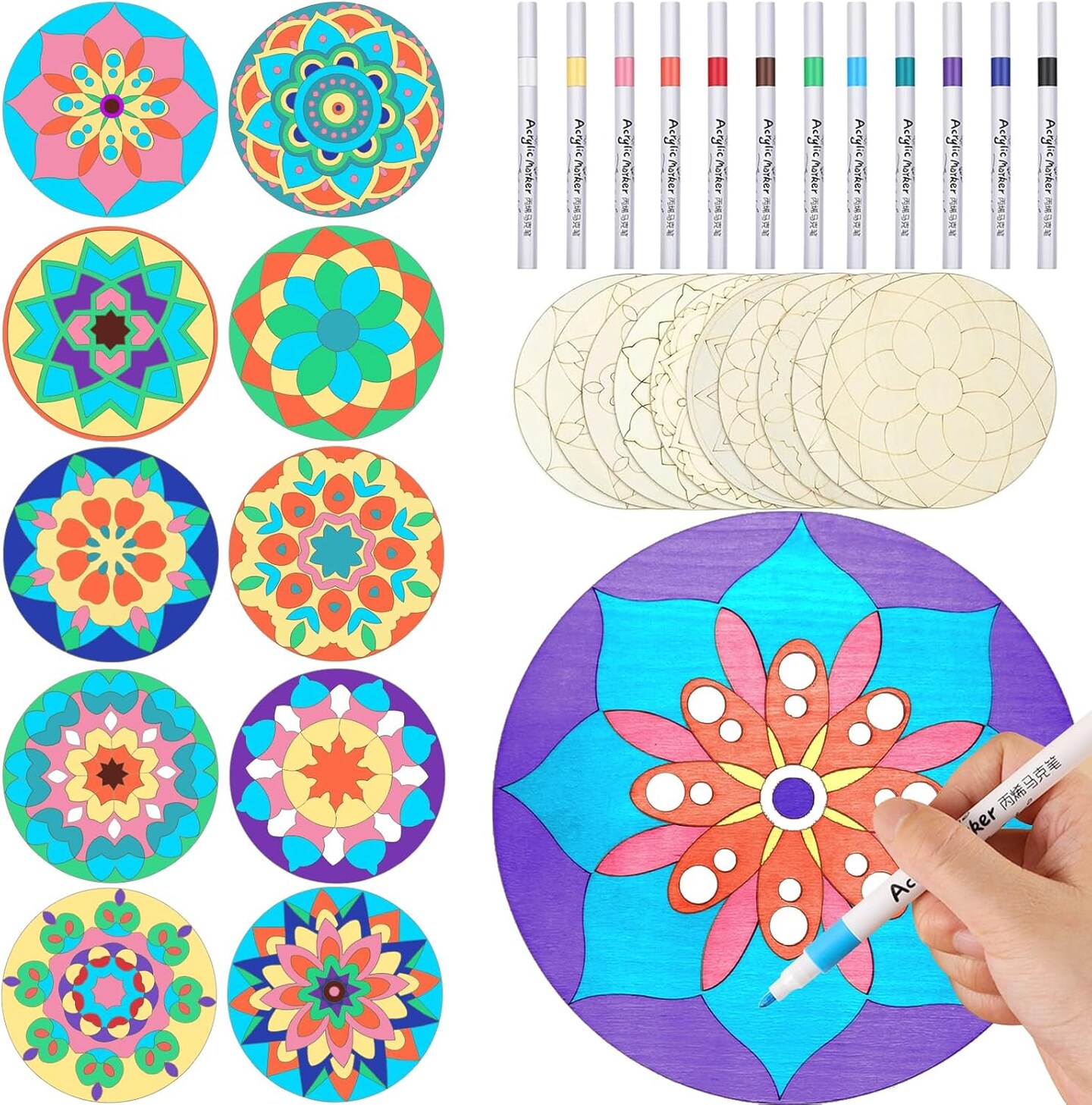 7.8Inch Wooden Mandala Painting Set 10Pcs Mandala Unfinished Wood Cutouts with 12 Markers for Crafts Mandala Wood Slices for DIY Crafts Tags (Different 10 Shapes Wood Slices+12Pcs Markers)