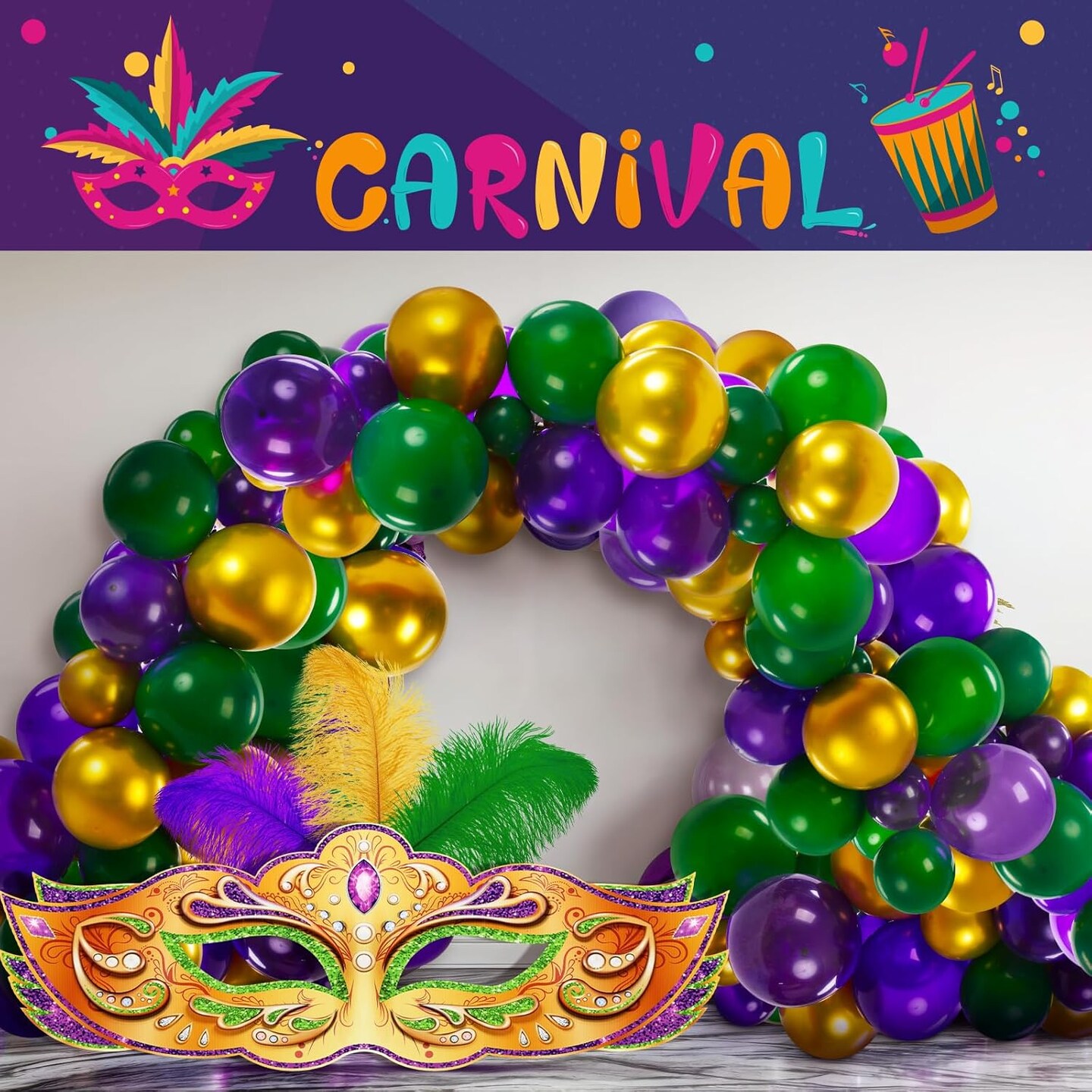 108 Pcs Mardi Gras Balloon Garland Kit 39" Large Mardi Gras Mask and Mardi Gras Balloons Masquerade Mask Stand up Cardboard Kit for Mardi Gras Party Decorations New Orleans Party