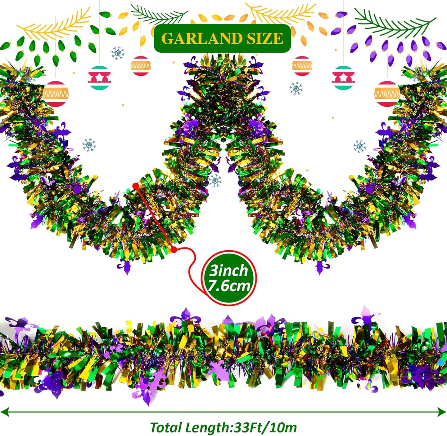 33Ft Mardi Gras Tinsel Garland, Glitter Tinsel Garland for Mardi Gras Tree Decorations, Purple Green Gold Metallic Fluffy Hanging Party Ornaments for Mantle/Ceiling/Stairs/Porch Outdoor Decor