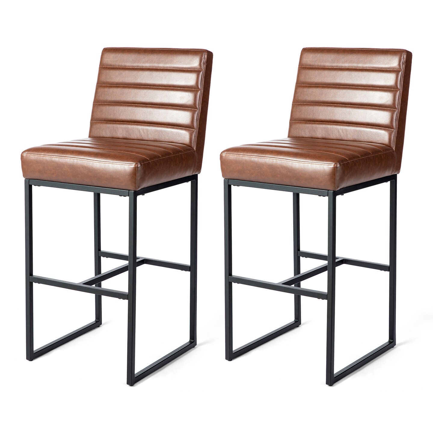 Set of 2/4 Industrial Modern Brown Quilted Leatherette Bar Stools with Black Metal Frame