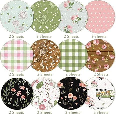 12 Designs Spring Pattern Paper 24 Sheet Plaid Floral Scrapbook Paper Pink Double-Sided Collection Decorative Craft Paper Folded Flat for Card Making Scrapbook Photo Album Decor, 30 x 30cm
